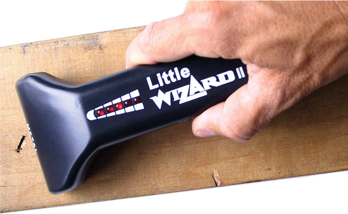 Wizard Industries Little Wizard II Wood Detector in action detecting hidden metal within timber
