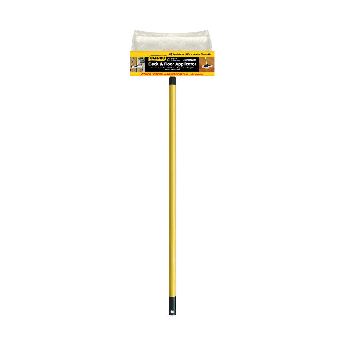UniPro Sheepskin Decking & Flooring Applicator Pad 230mm with Extension Pole in use on timber deck