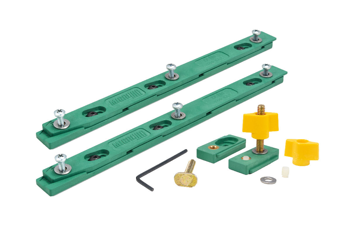 MicroJig ZeroPlay Mitre Bars & Mitre Stops Double Kit in use on woodworking sled