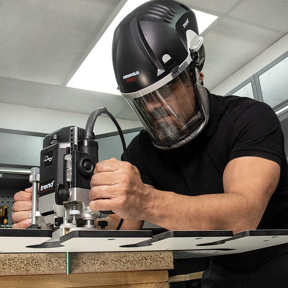 Trend Airshield Pro Respirator Face Shield Dust Mask Set in action at woodworking site