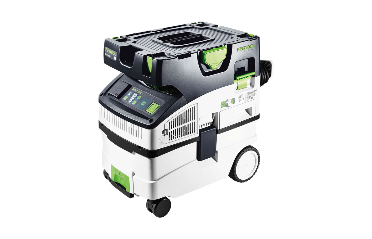 Compact Festool CTM MIDI-I 15L M Class Dust Extractor in action, with intuitive touch controls and level tool storage area