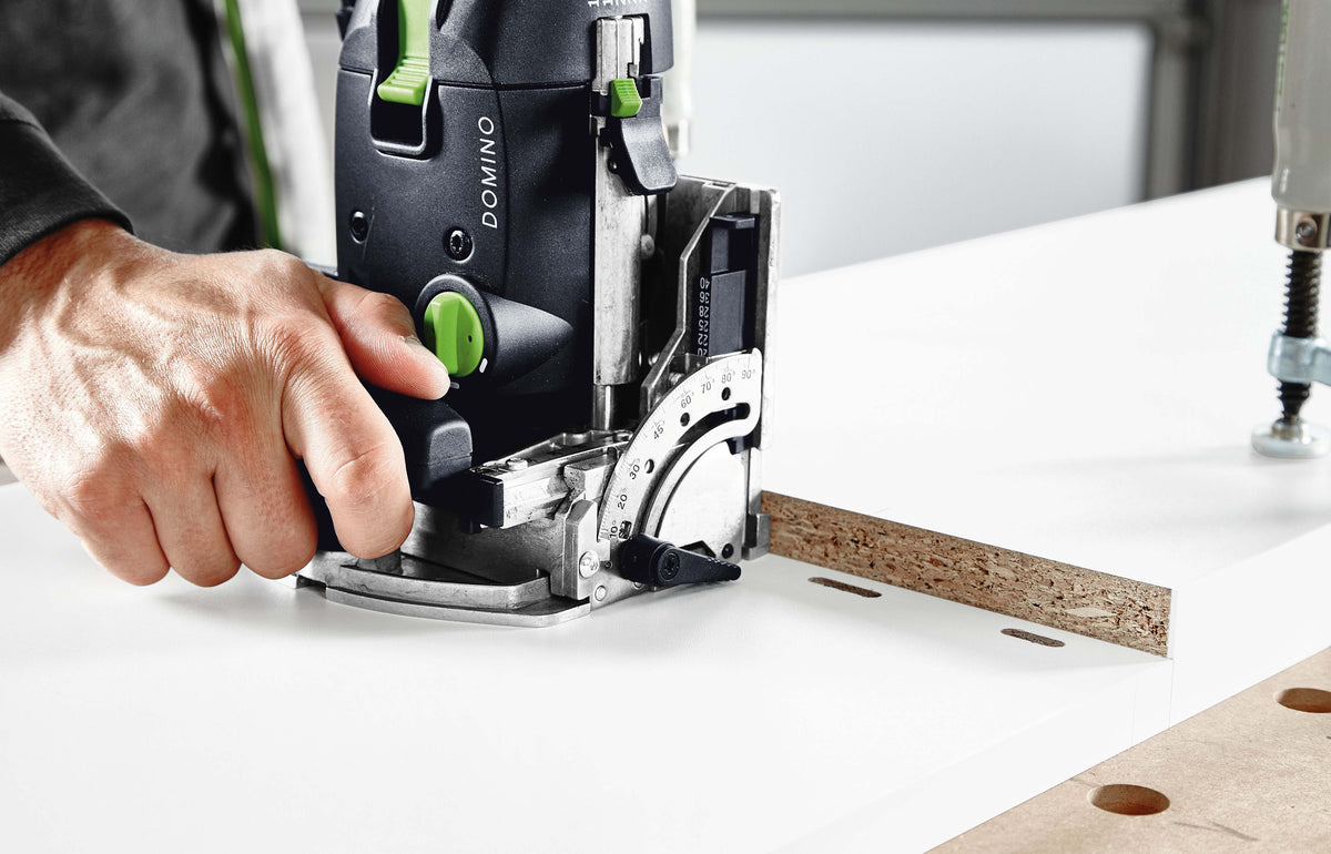 Festool DF 500 DOMINO Joining Machine in 100 Year Limited Edition Systainer Plus Cap close-up demonstration