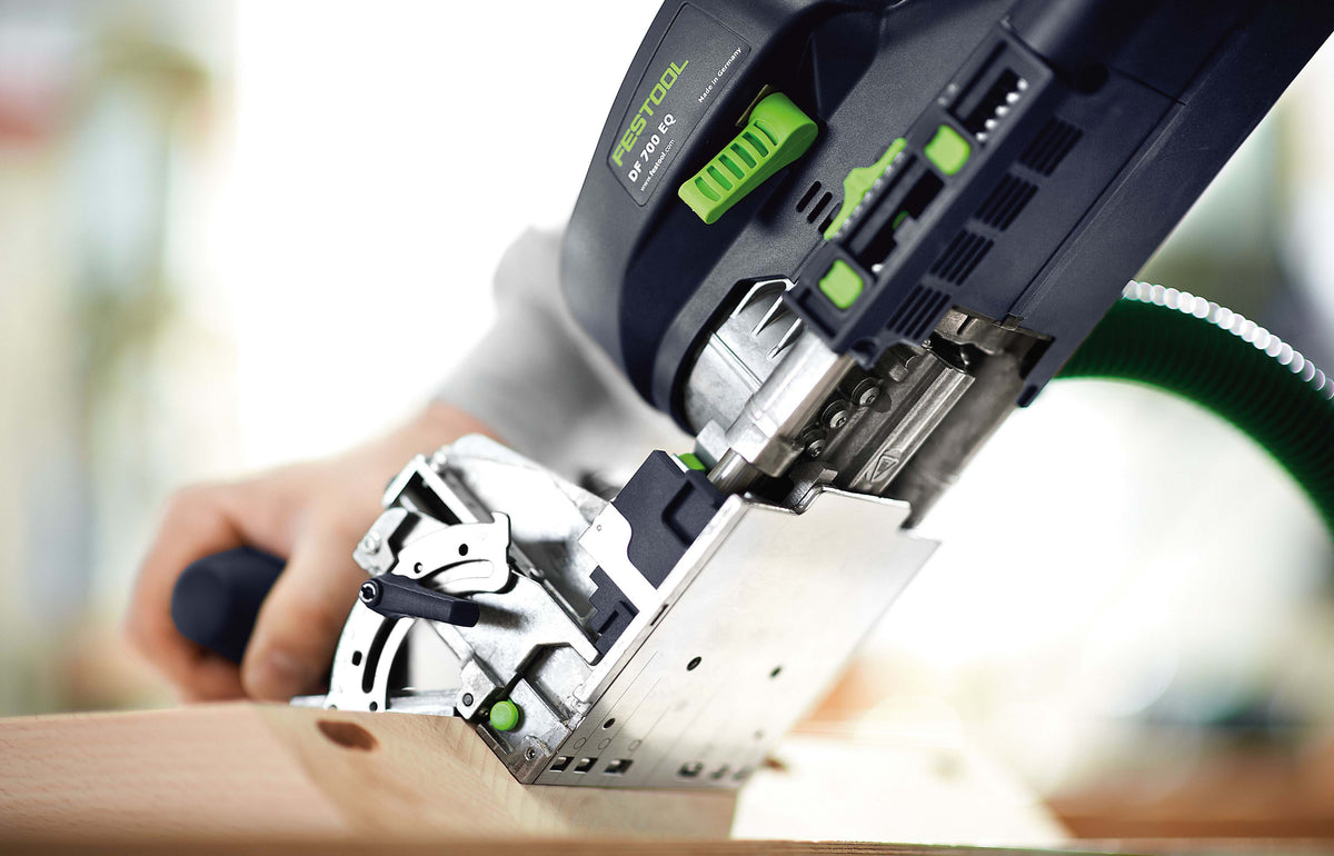 Festool DF 700 DOMINO Joining Machine in Systainer, demonstrating precise dowel hole routing