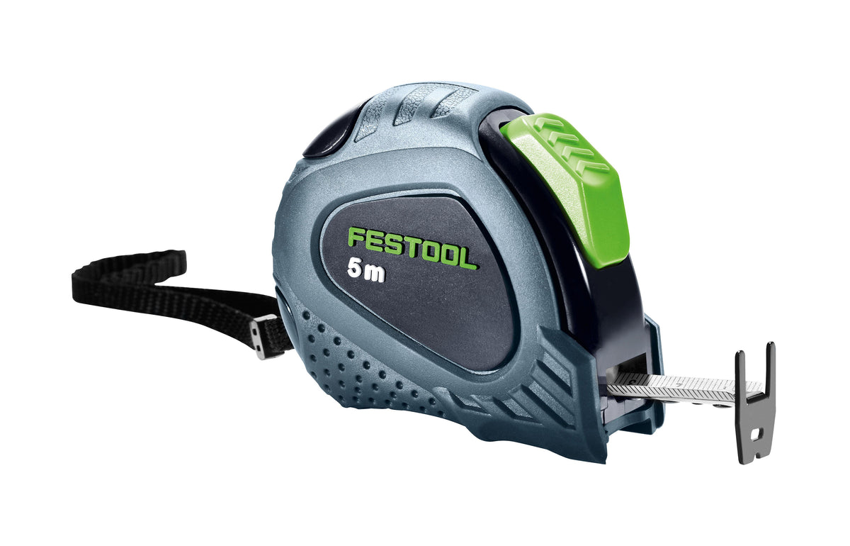 Festool 5m tape measure with belt clip, stop button, and rubberised housing, hanging strap, and horizontal stability