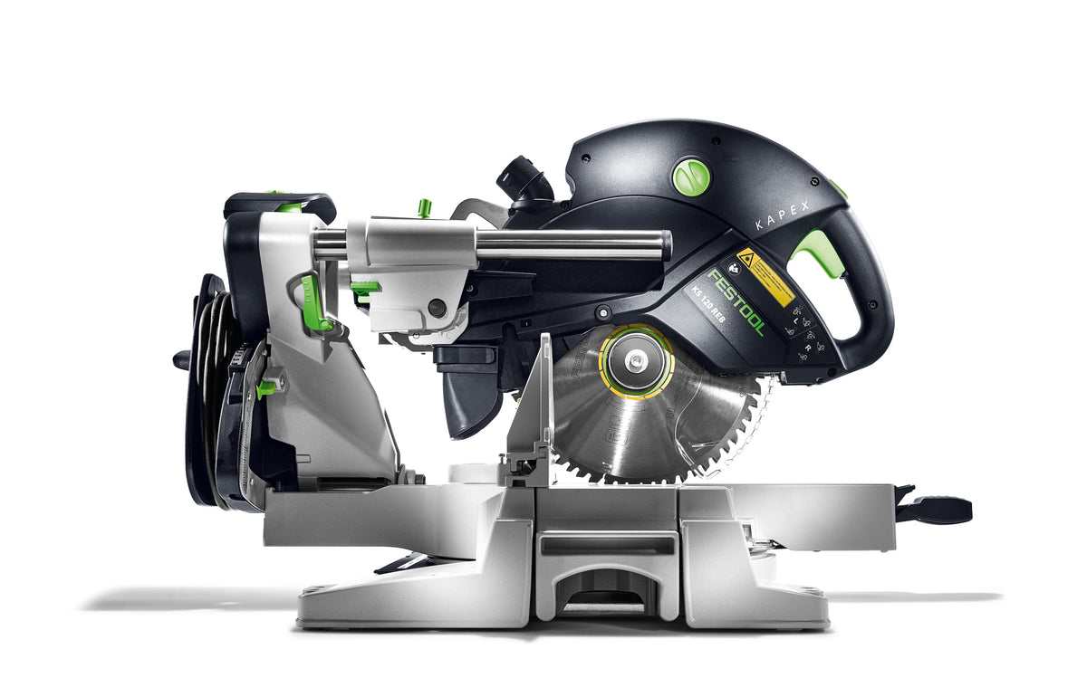 Festool KS 120R Set KAPEX 260mm Slide Compound Mitre Saw in action cutting skirting board at an angle