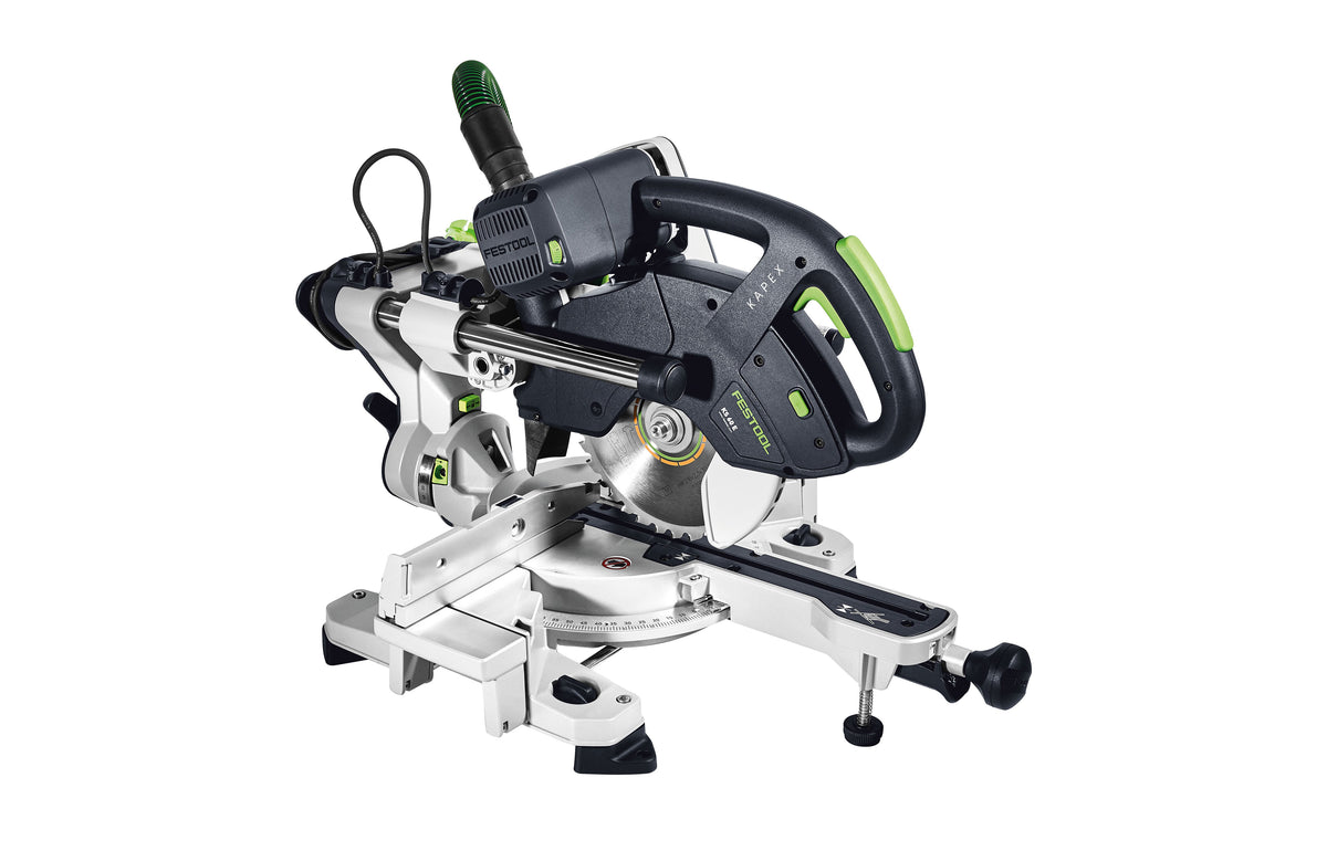 Festool KS 60 KAPEX 216mm Slide Compound Mitre Saw with LED Spotlight - Side view showcasing precision and built-in light