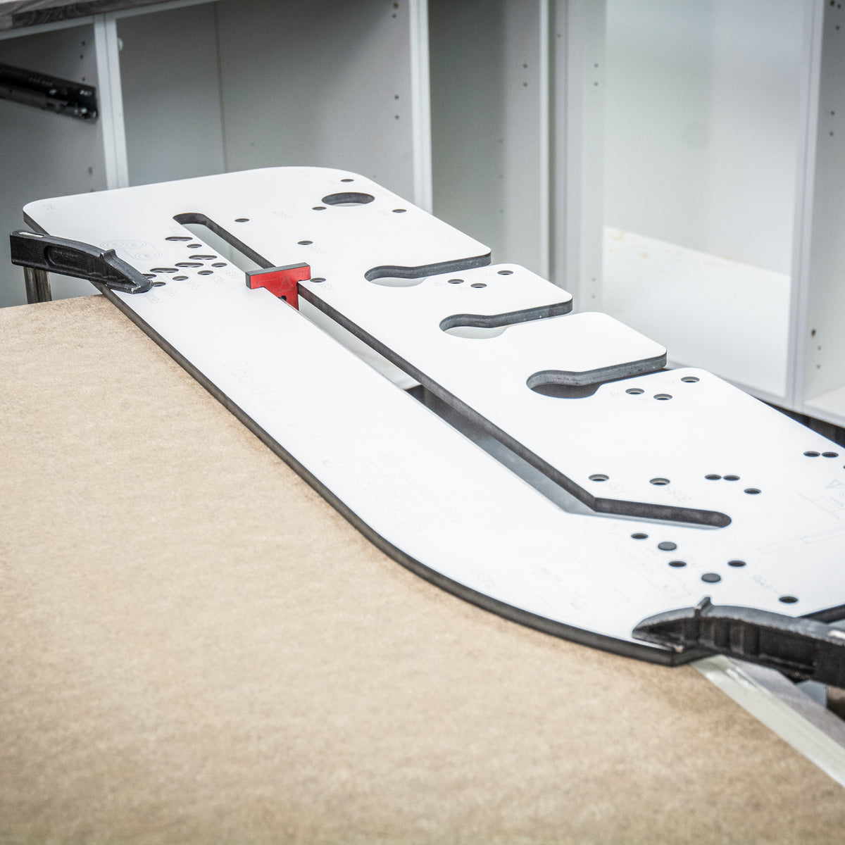 Trend 950mm Kitchen Worktop Router Jig in action with precise CNC-machined HPL for mitre joints on laminated surfaces