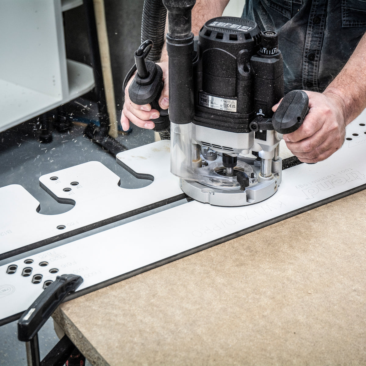 Trend 950mm Professional Kitchen Worktop Router Jig showcasing its precise CNC-machined Compact Grade High-Pressure Laminate construction