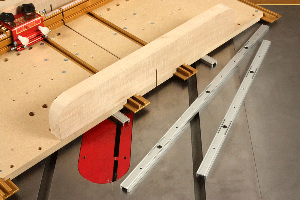 INCRA Mitre Slide Aluminium in action on a 19mm track, showcasing precision woodworking tool capability