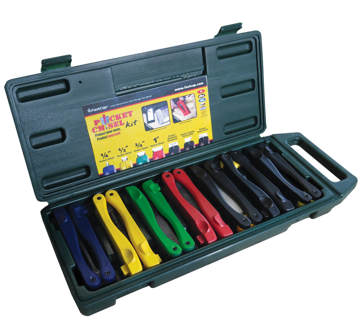 FastCap Set of 4 Foldable Pocket Chisels with accessories, folded handles showcasing portability
