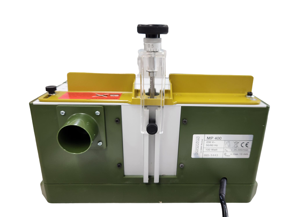 Compact PROXXON MP-400 Micro Shaper Router Table in action on timber piece, showcasing precision and power for small-scale projects