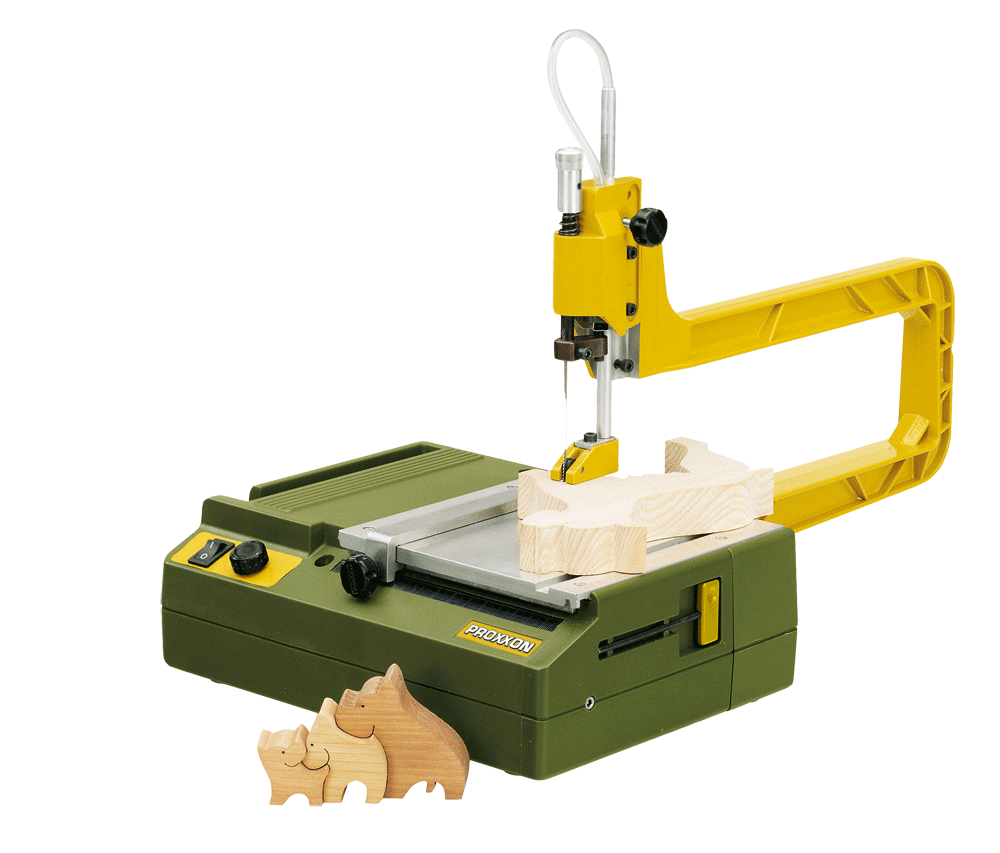 PROXXON DS-230/E Micro Scroll Saw in action, perfect for model building and precision mechanics