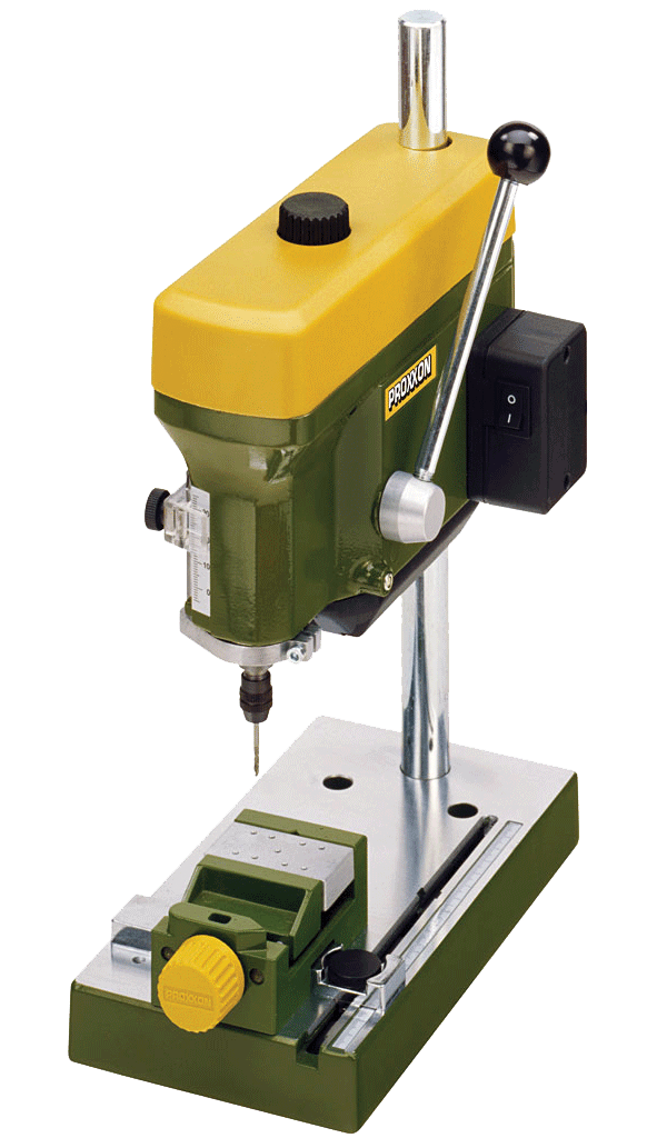 PROXXON TBM-220 Benchtop Drill Press showcasing robust die-cast head and motor for precision woodworking