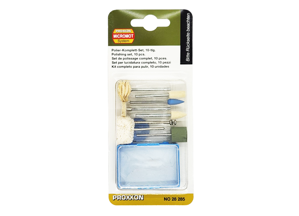 PROXXON 10-piece polishing set for rotary tools with various shapes and materials for precise polishing