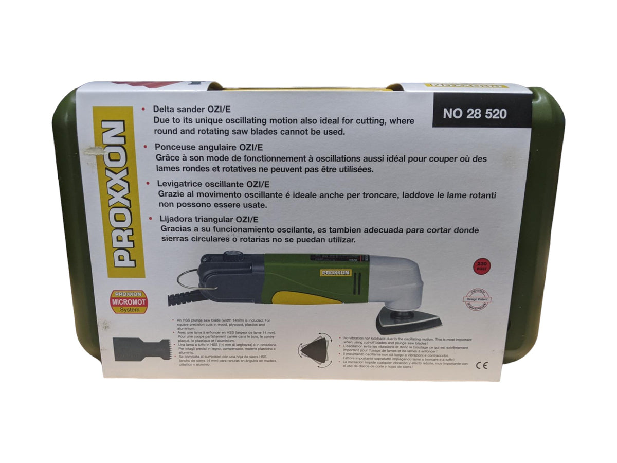 PROXXON OZI/E Delta Sander corded 80W showing the die-cast zinc gear head for precise support