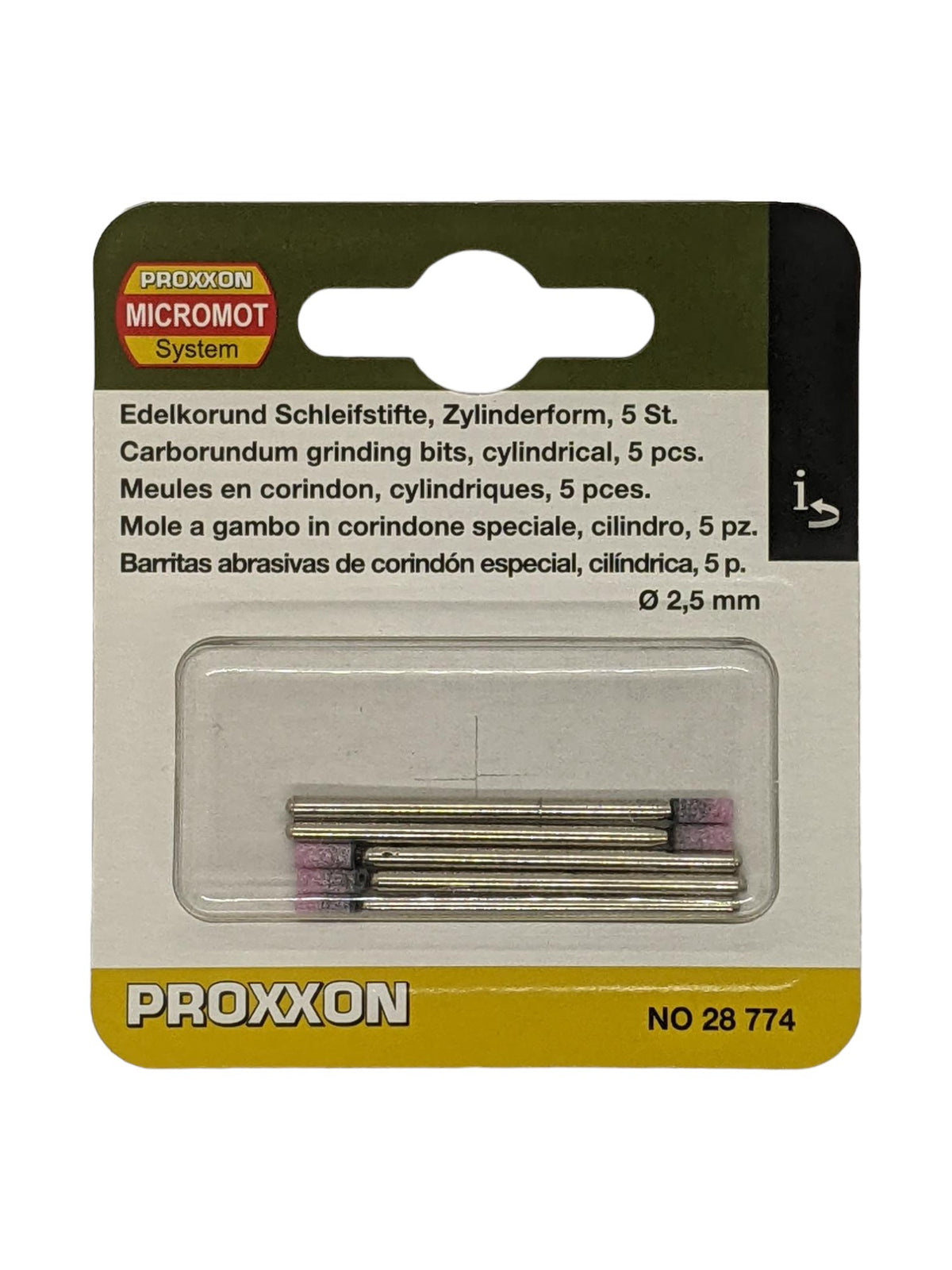 PROXXON 2.5mm Cylindrical Corundum Grinding Bits Pack of 5 in use on metal surfaces