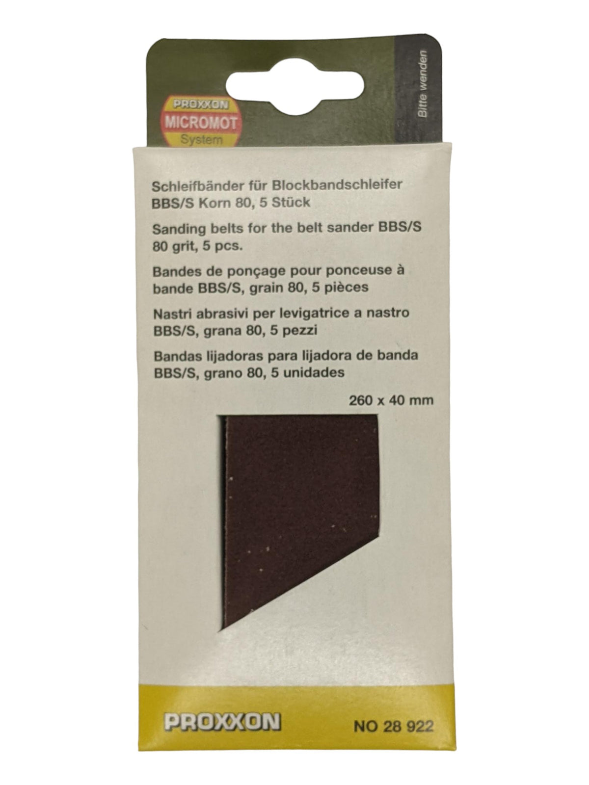 PROXXON Pack of 5 Corundum Sanding Belts for BBS/S Palm Belt Sander - Close-up of sanding belts with Corundum material