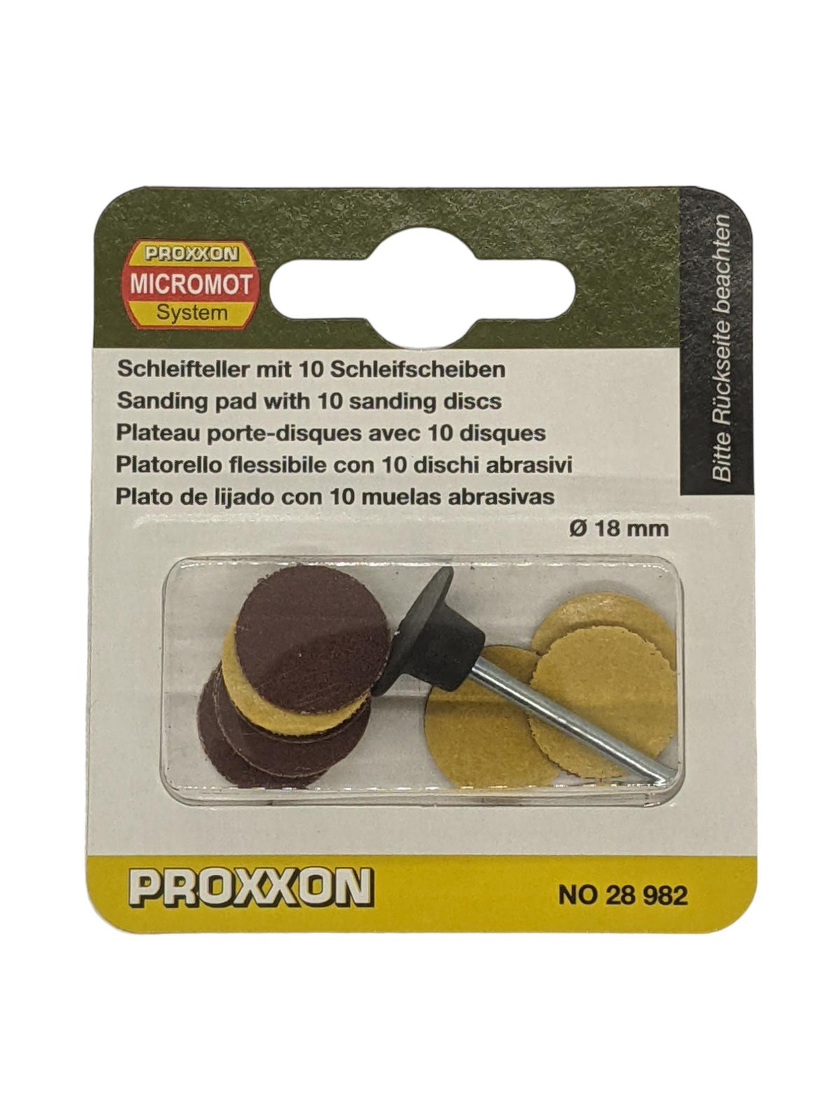 PROXXON Pack of 10 Corundum Sanding Discs 18mm and Sanding Pad in use on metal surface