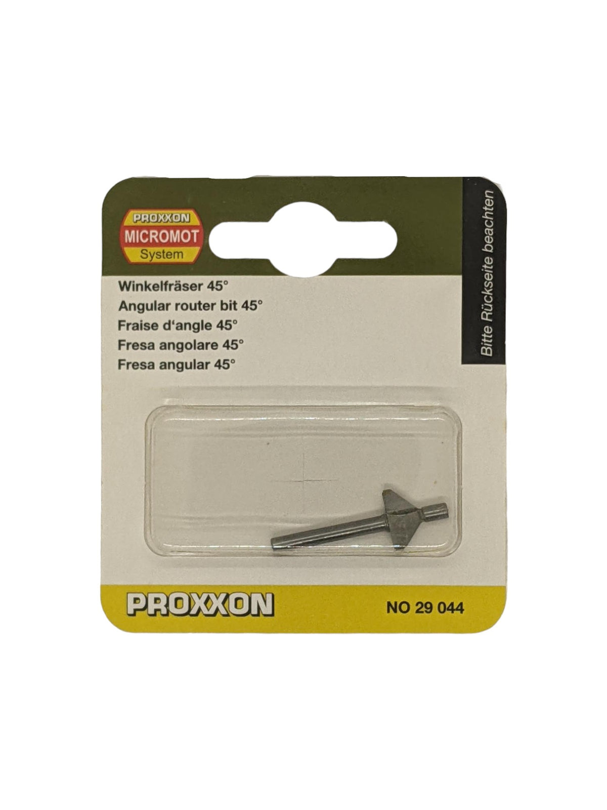 PROXXON 45-degree chamfer router bit for Micro Shaper, ideal for wood and fibreboard with clean relief grinding