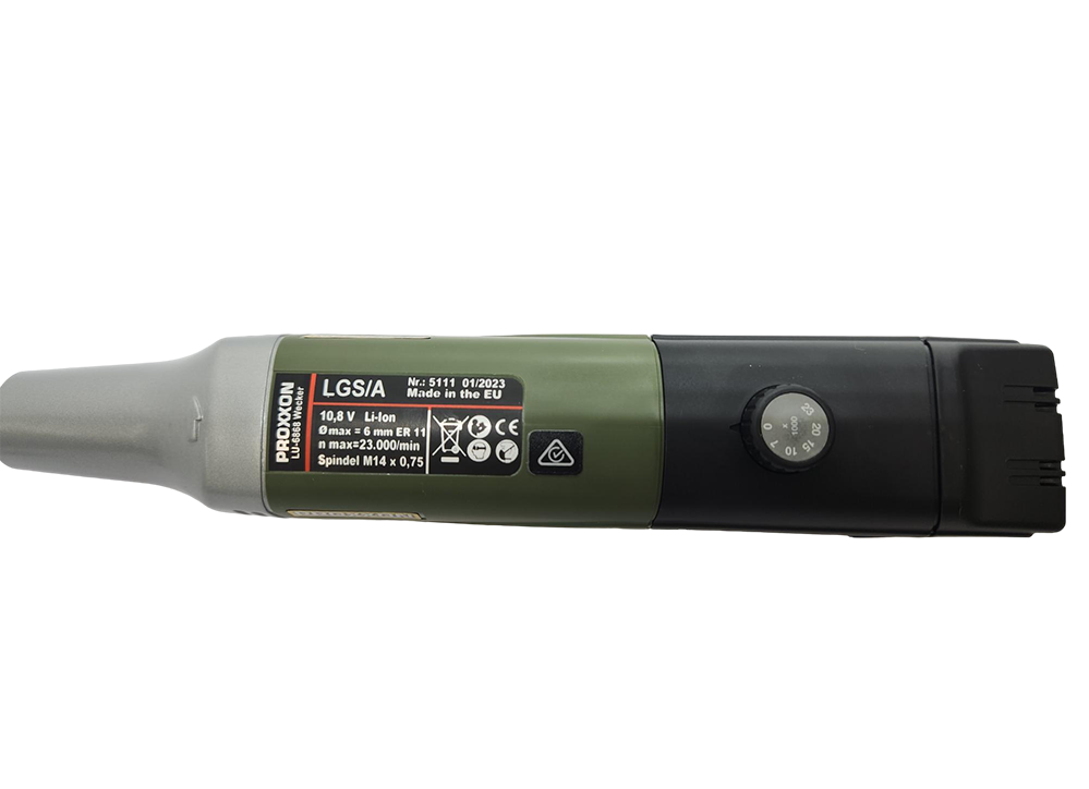 PROXXON MICROMOT LGS/A Long Neck Die Grinder Kit in use, showcasing its compact design and lightweight construction