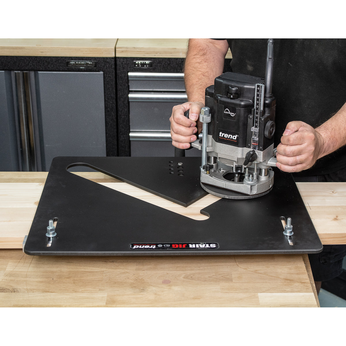 Trend Stair Router Template Jig showcasing precise woodworking for open risers
