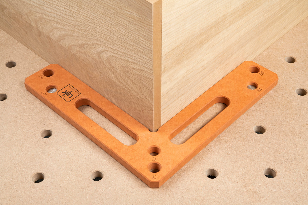 UJK 360mm Assembly Square showing precise 20mm dog holes for woodworking assembly