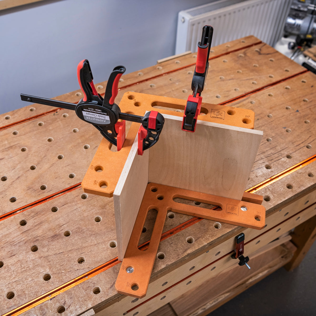 UJK 360mm Assembly Square with 20mm Dog Holes, showing detailed CNC machined L-shaped section for precise woodworking assembly