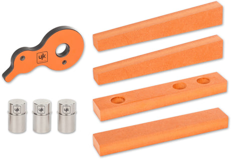 UJK Cam & Wedge Clamping Set in use on a 20mm Dog Hole Workbench