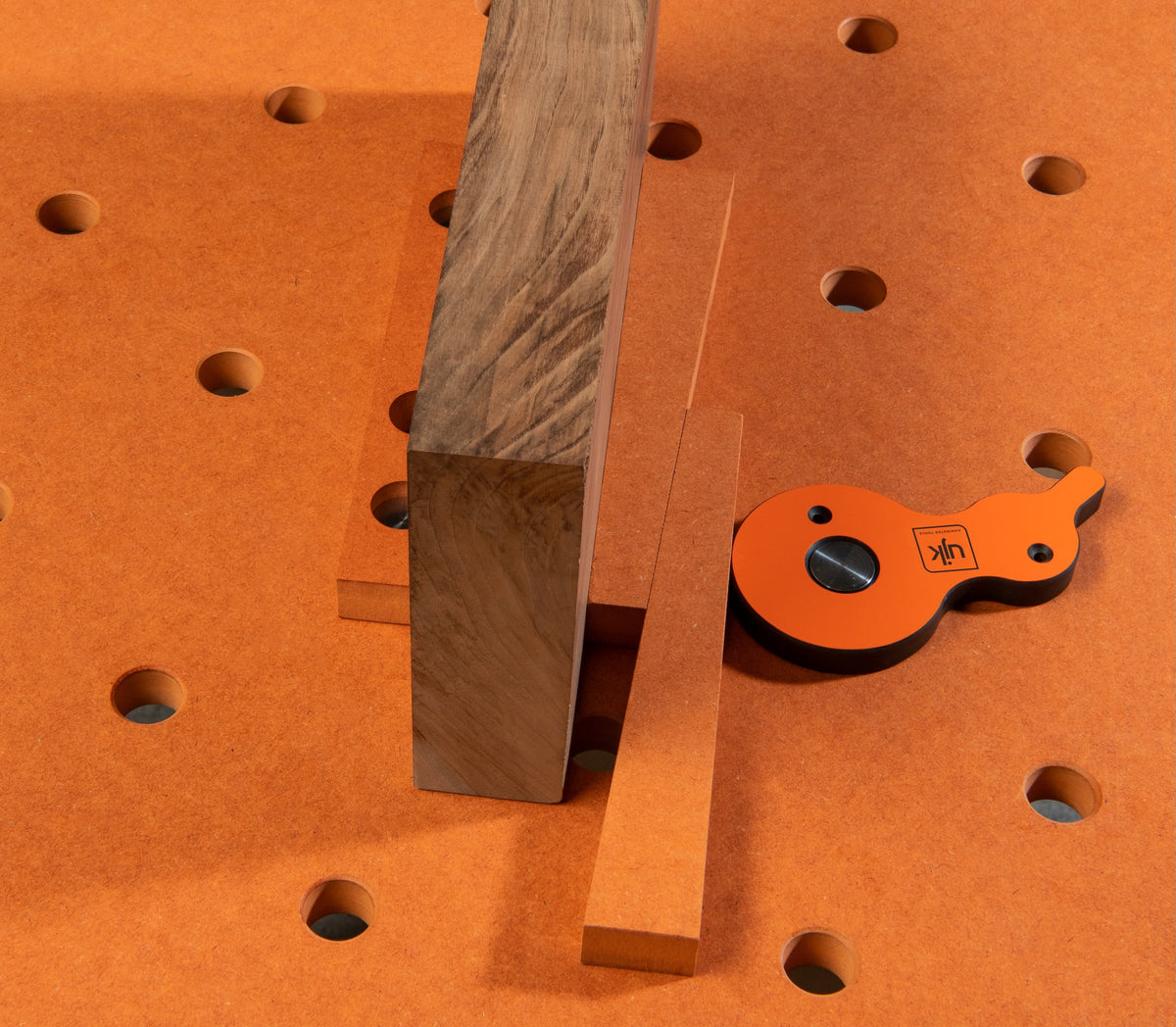 UJK Cam & Wedge Clamping Set in use on 20mm dog hole workbench - secure workpiece without hindrance