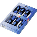 Set of blue and black handled chisels in a blue packaging box with a visible brand logo.