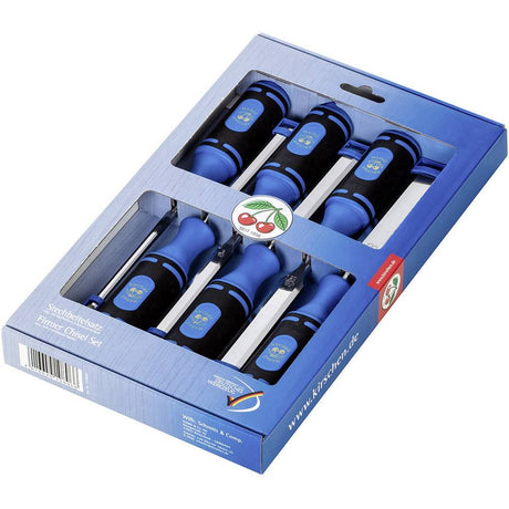 Set of blue and black handled chisels in a blue packaging box with a visible brand logo.