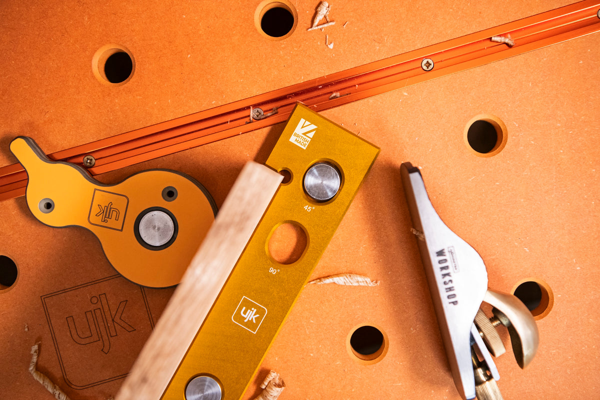 UJK Hook Stop for MFT bench, inset image showing versatile support for woodworking projects