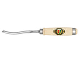 Wood carving gouge with a two cherries branded handle on a white background