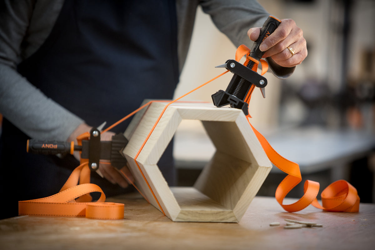 Pony Jorgensen Rapid-Acting Band Clamp in use on woodworking project