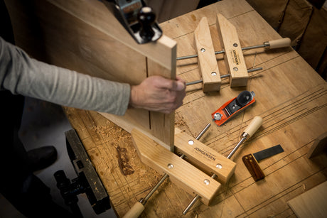 Pony Jorgensen Set of 3 Classic Wooden Hand Screw Clamps 10in in use on woodworking project