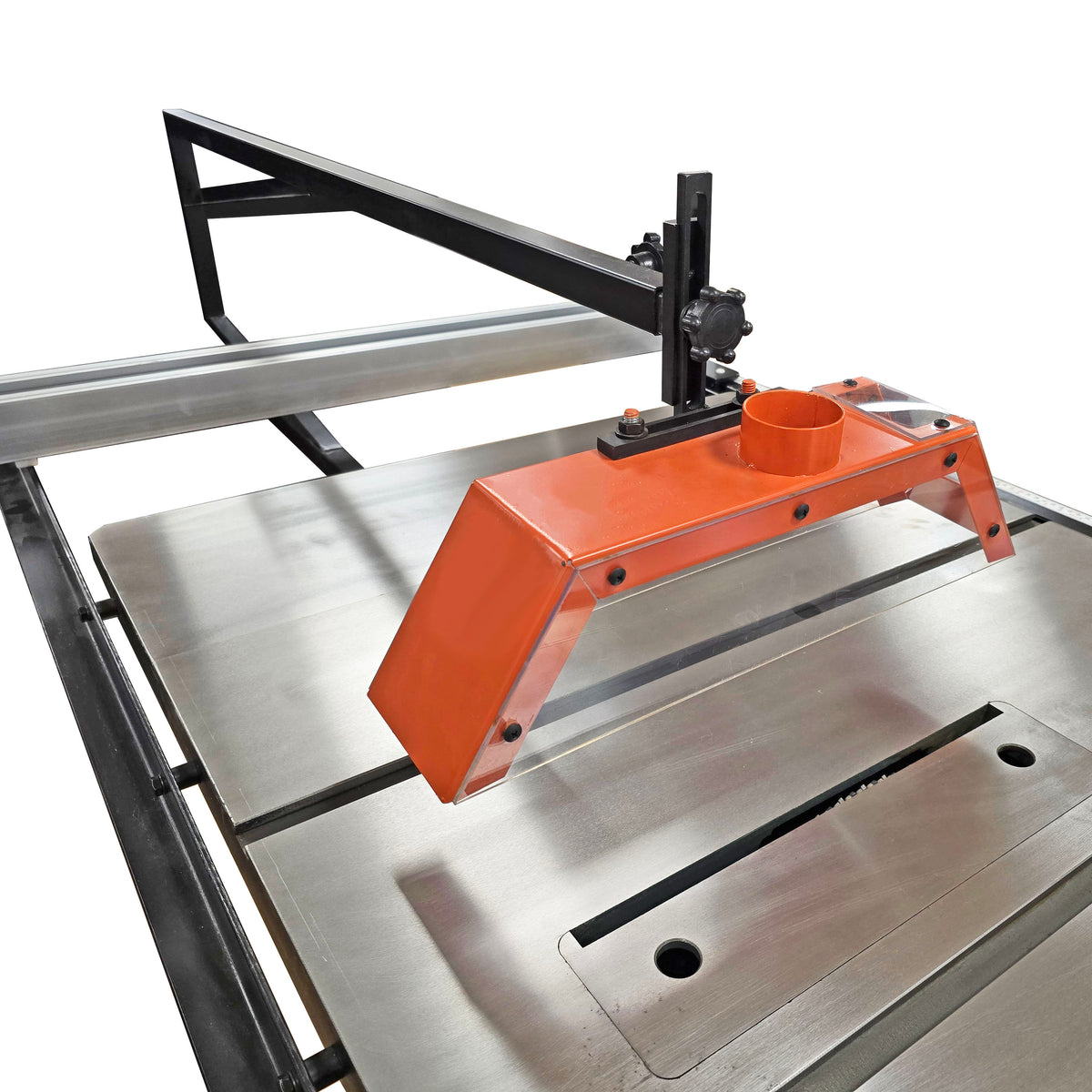 Sherwood Overhead Dust Extraction Guard for SWMS-300 Heavy-Duty Table Saw in action capturing sawdust