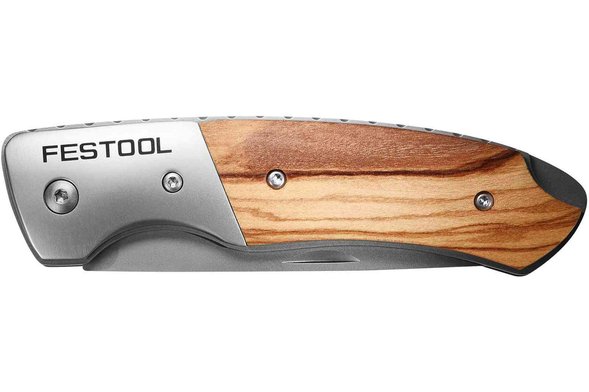 Festool Woodworking Knife showcasing 85mm stainless steel blade with olive wood handle