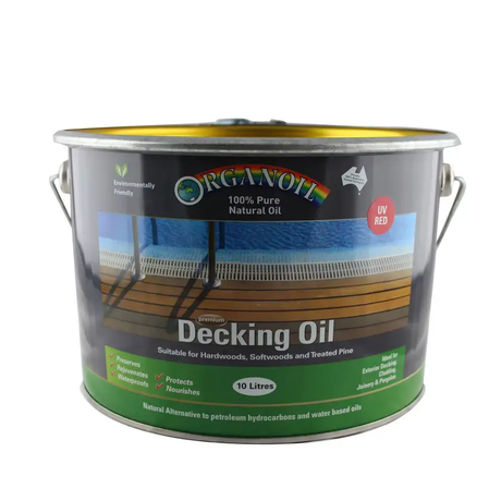 Australian-made Organoil Decking Oil UV Red Exterior Finish in action, protecting and nourishing timber
