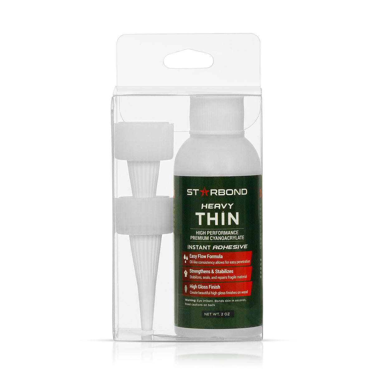 Starbond Heavy-Thin CA Super Glue 2oz in PET box, ideal for precise woodworking finishes