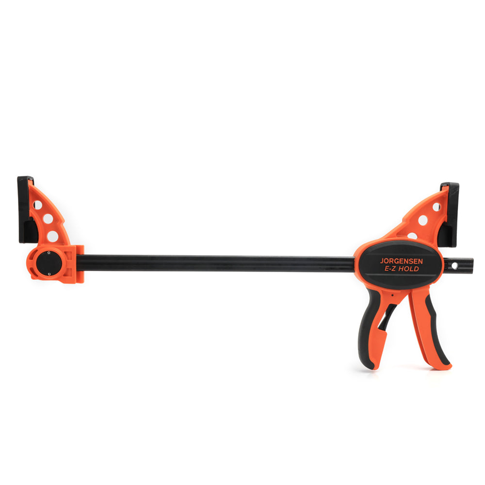 Pony Jorgensen Set of 6 E-Z HOLD Medium Duty Trigger Clamps in use with one-handed operation and contoured grip, 86mm deep reach jaw