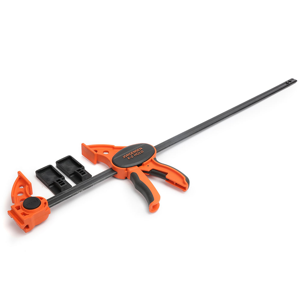 Pony Jorgensen E-Z HOLD 610mm Trigger Clamps in use, showcasing deep reach jaw design and comfort grip