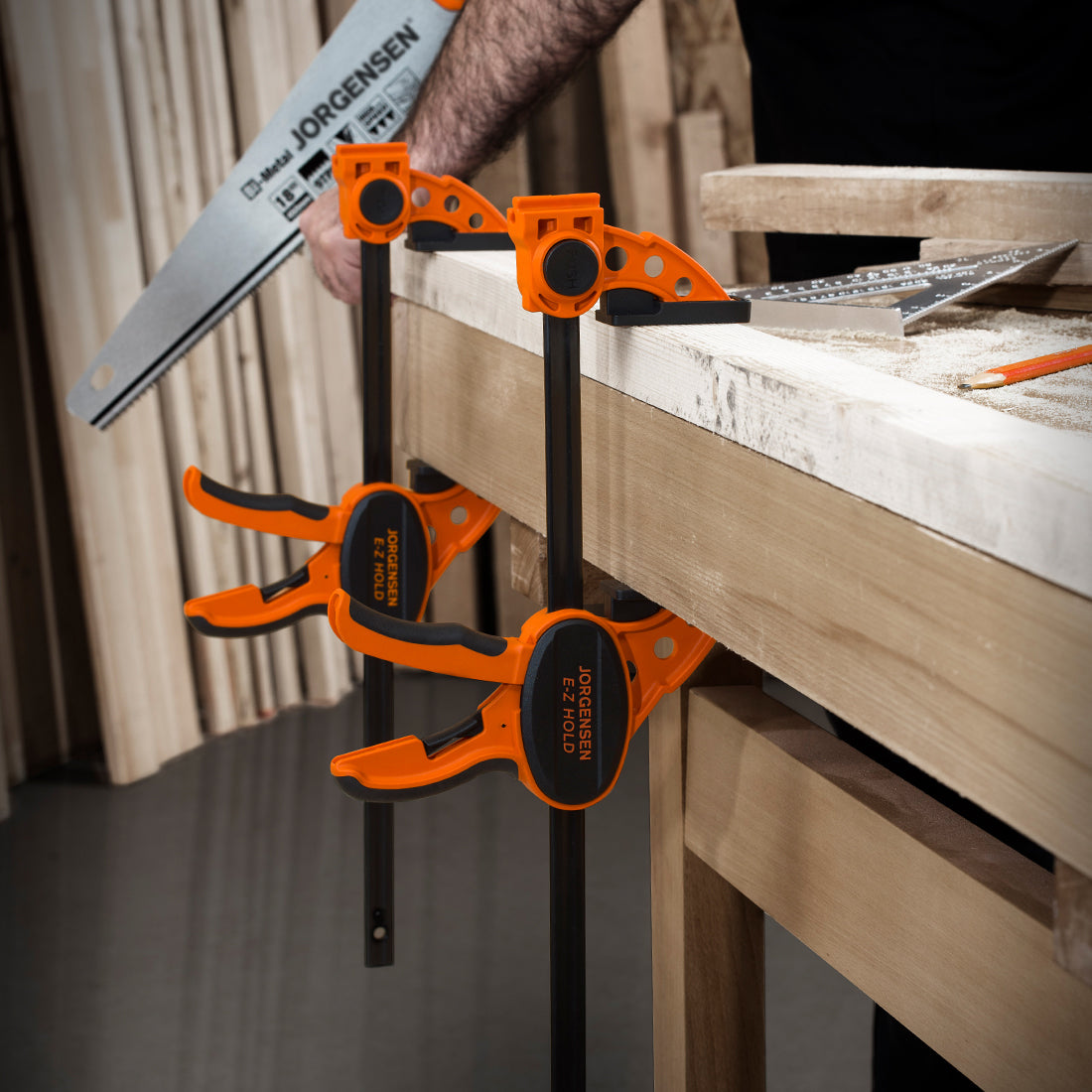 Pony Jorgensen Set of 6 E-Z HOLD Medium Duty Trigger Clamps in Use with Comfort Grip and Protective Pads