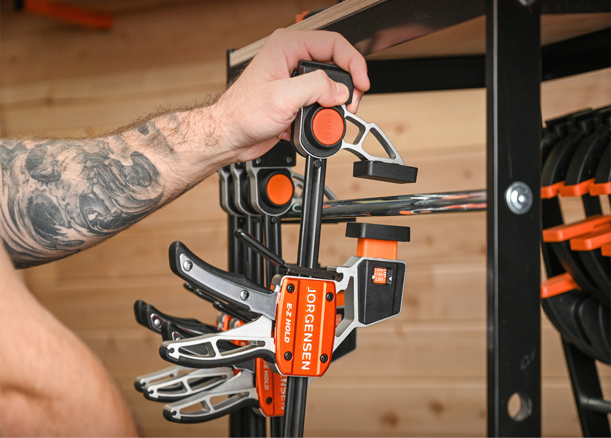 Pony Jorgensen Platinum Series Trigger Clamps set of 6 in action - side view showing high tensile aluminium construction