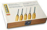 PROXXON Micro Wood Turning Chisels Set - Angle view of 5 high-quality micro turning tools with timber handles