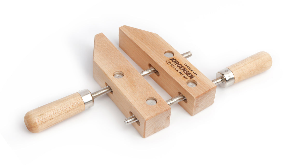Pony Jorgensen 6in hand screw clamps showing adjustable jaws and wooden construction