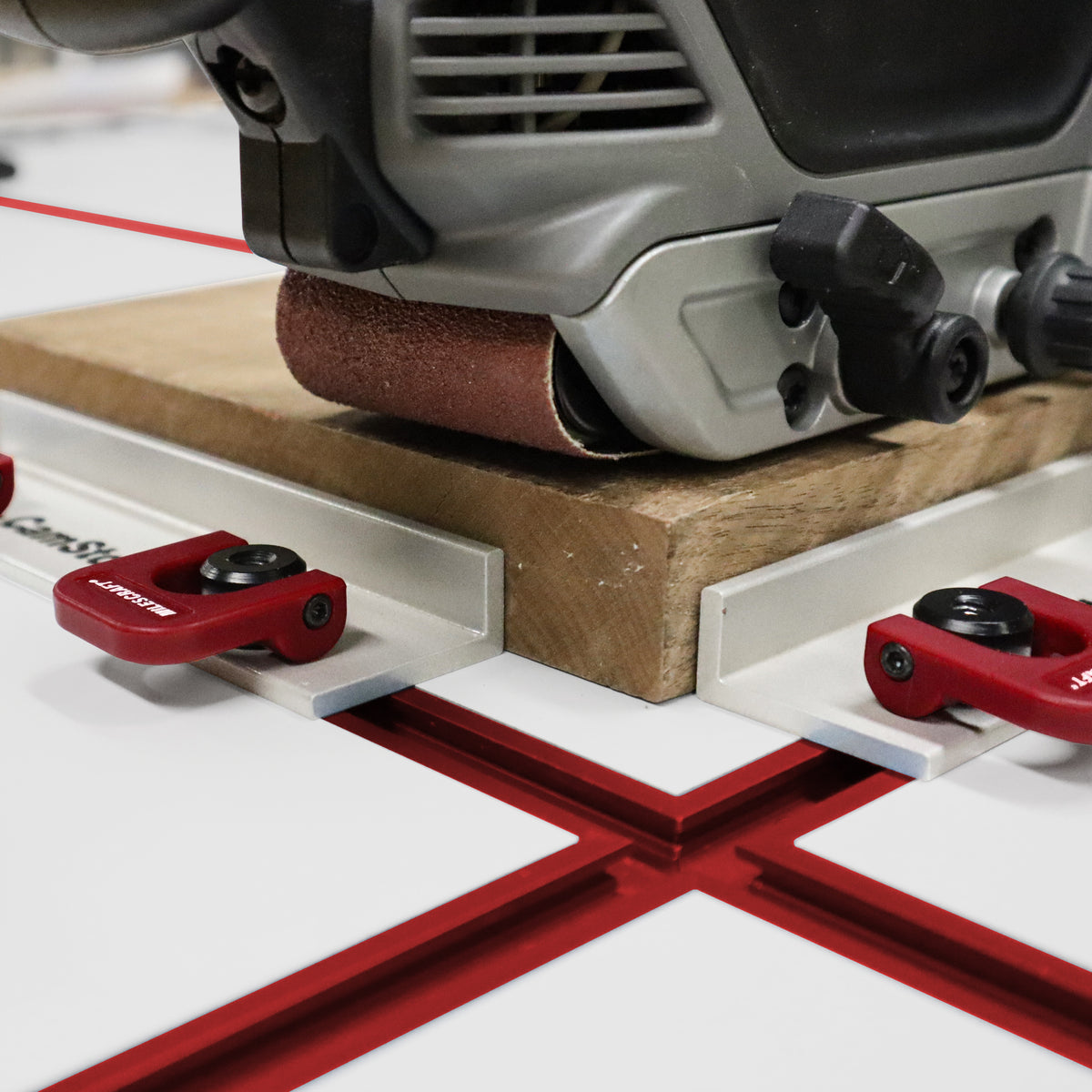 Milescraft Pack of 2 T-Track CamStopXL in use with horizontal inline clamping products
