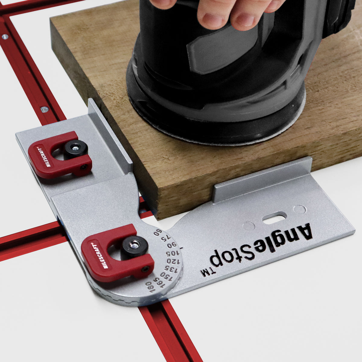 Milescraft T-Track AngleStop variable angle support in use at 150° angle