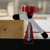 Milescraft Pack of 2 T-Track HoldDown100 Clamps with Non-Marring Rubber Tips in use on woodworking project