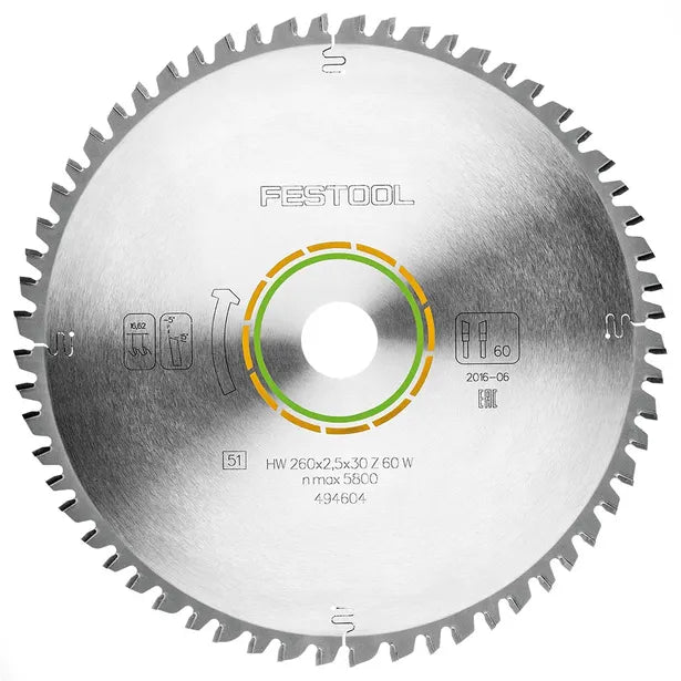 Festool Universal Saw Blade 260mm x 2.5mm x 30mm 60 Tooth - High-quality metal blade for precise cuts on various materials