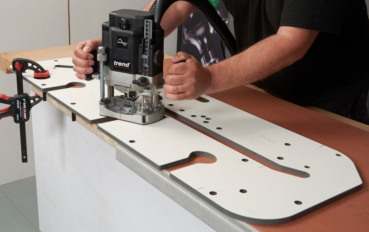 Trend 900mm Kitchen Worktop Router Jig in action, ensuring precise fit for kitchen worktops